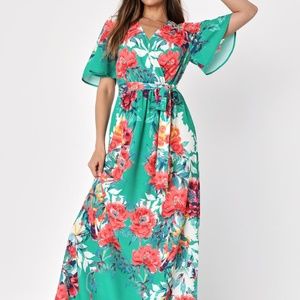 Lulus Still In Paradise Green Floral Print Maxi Dress